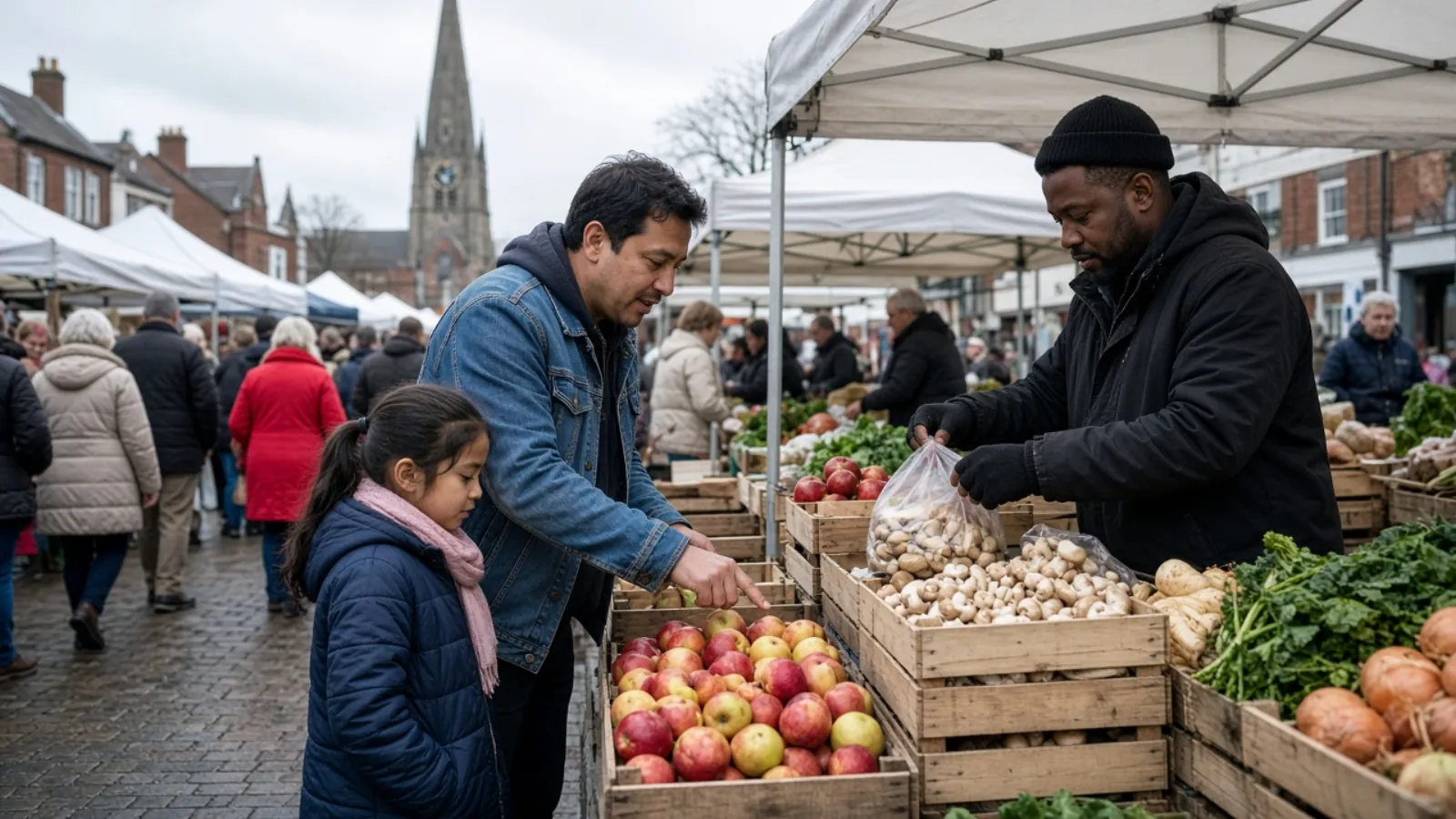 Families shopping at a Saturday outdoor market in a UK town square